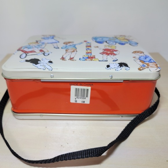 Vintage Style Metal Lunchbox‎ with Strap Retro Children Playing School Orange - Picture 4 of 7